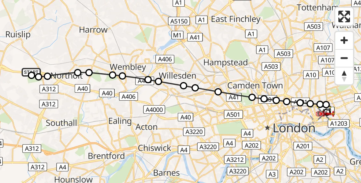 Flight route Air Ambulance Helicopter RAF Northolt - Royal London Hospital, 06 June 2026, 16:46