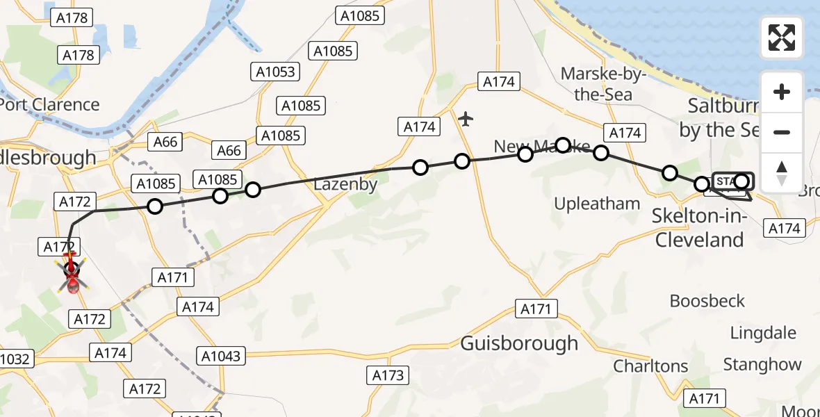 Flight route Air Ambulance Helicopter Saltburn by the Sea - James Cook University Hospital, 06 June 2026, 17:09