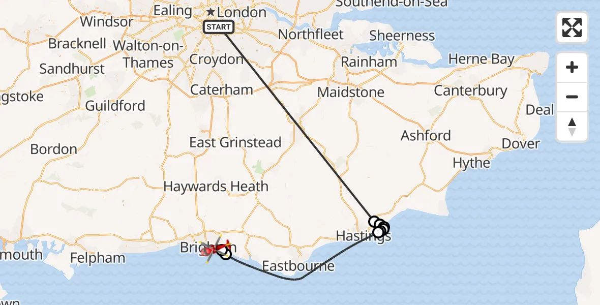 Flight route Air Ambulance Helicopter Kings College London Hospital - Brighton, 06 June 2026, 17:13