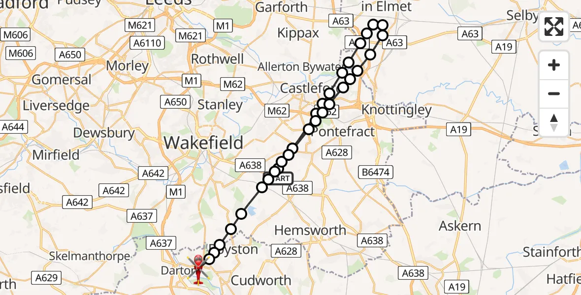 Flight route Air Ambulance Helicopter YAA Nostell Helicopter Port - Barnsley, 06 June 2026, 17:28