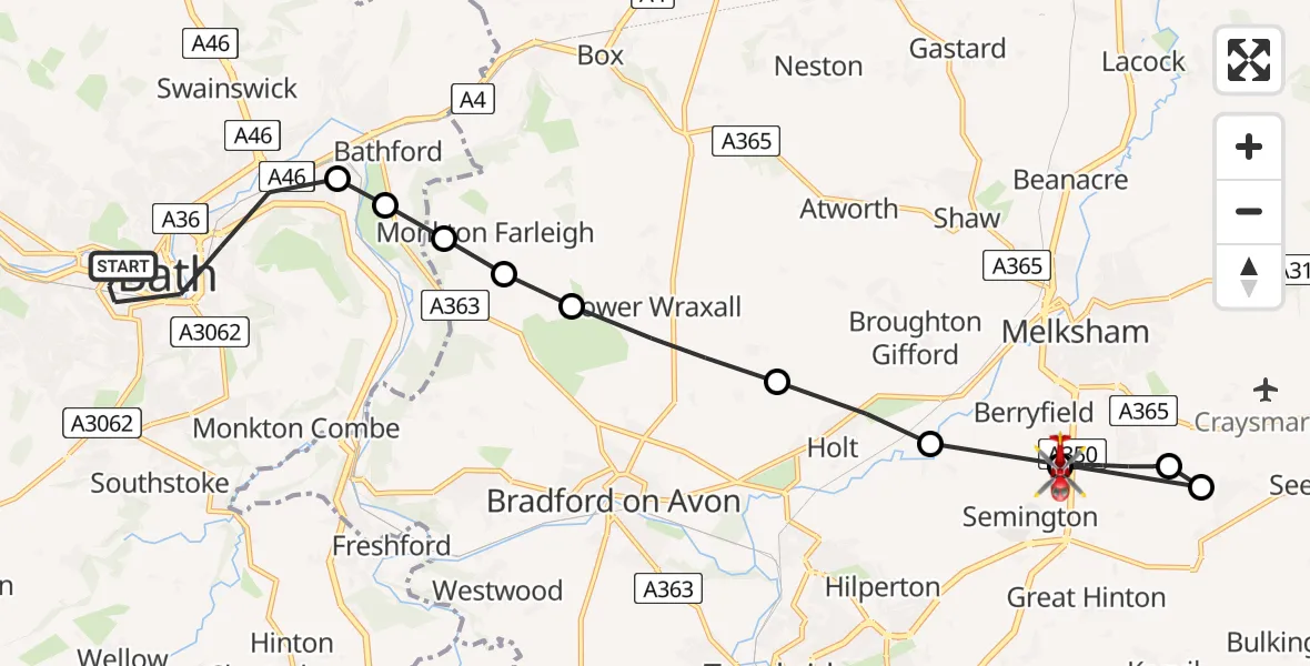 Flight route Air Ambulance Helicopter Bath - Wiltshire Air Ambulance, 06 June 2026, 17:30