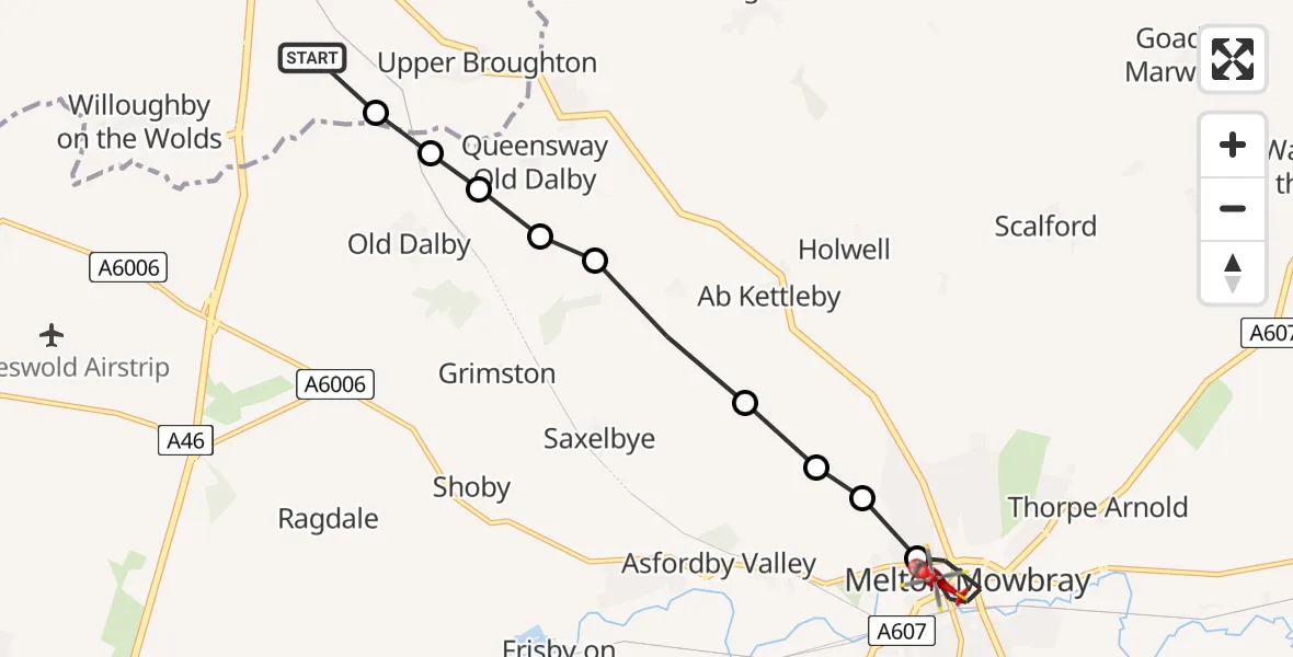 Flight route Air Ambulance Helicopter Rushcliffe - Melton Mowbray, 06 June 2026, 17:32