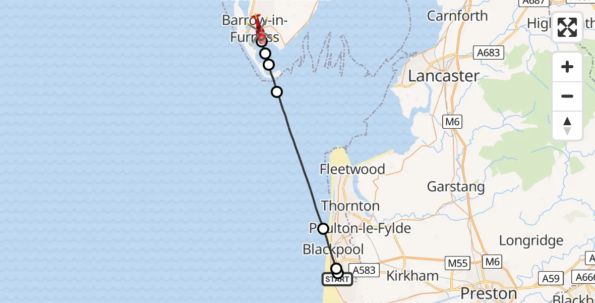 Flight route Air Ambulance Helicopter Blackpool Airport - Barrow-in-Furness, 06 June 2026, 17:50
