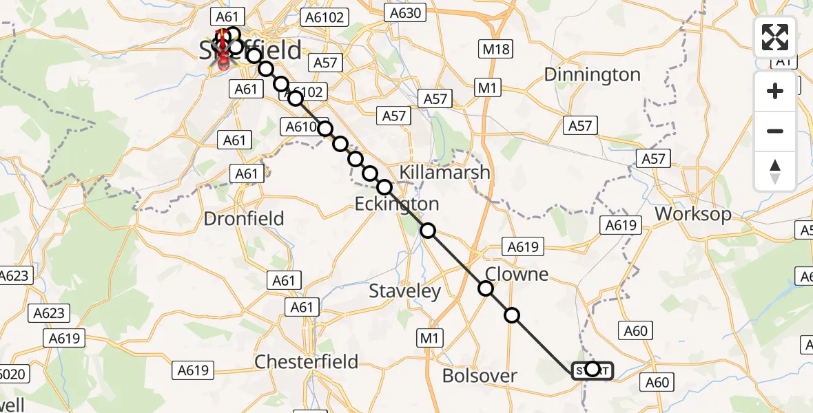 Flight route Air Ambulance Helicopter Nether Langwith - Sheffield Childrens Hospital, 06 June 2026, 17:55