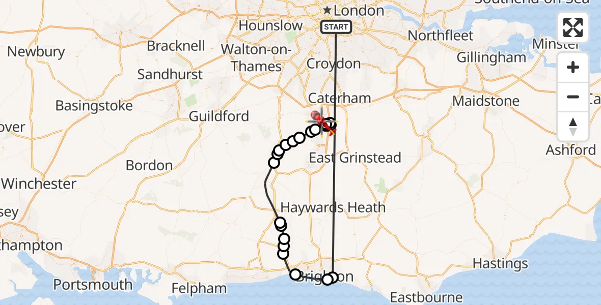 Flight route Air Ambulance Helicopter Kings College London Hospital - Redhill Aerodrome, 06 June 2026, 18:07