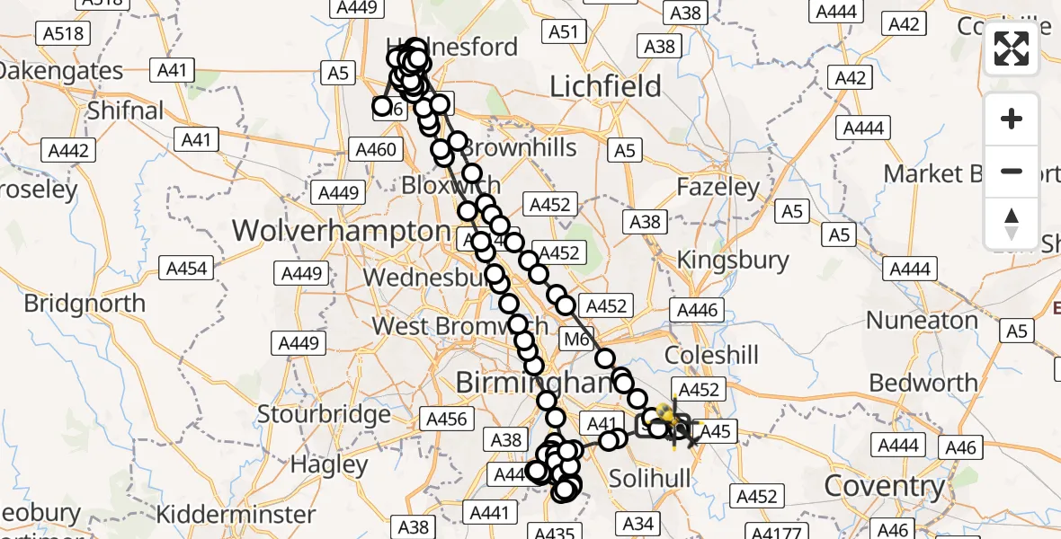 Flight route Police Helicopter Birmingham Airport - Birmingham Airport, 06 June 2026, 18:17