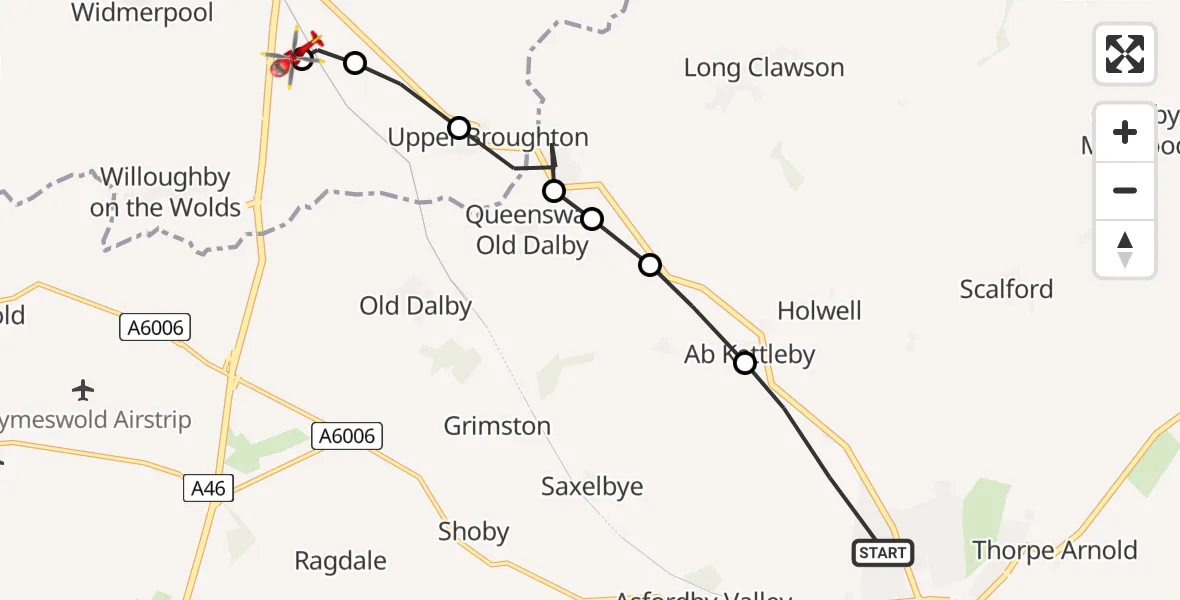 Flight route Air Ambulance Helicopter Melton Mowbray - Nottingham Heliport, 06 June 2026, 18:18