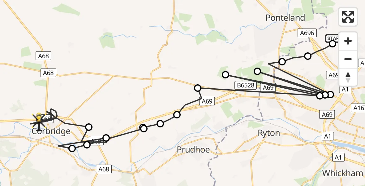Flight route Police Helicopter Newcastle International Airport - Corbridge, 06 June 2026, 18:23