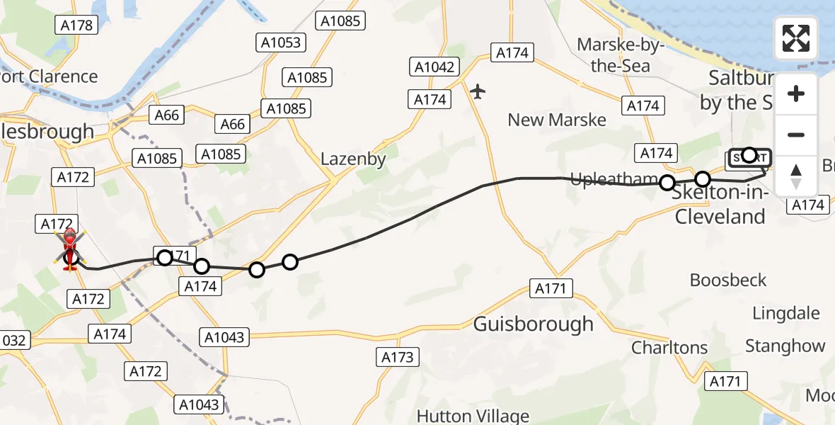 Flight route Air Ambulance Helicopter Saltburn by the Sea - James Cook University Hospital, 06 June 2026, 18:33