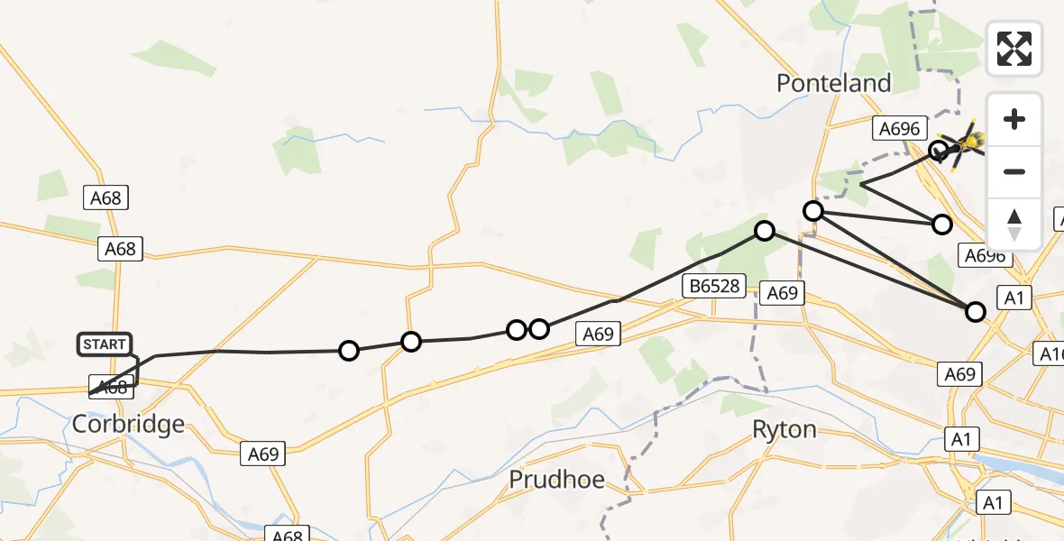 Flight route Police Helicopter Corbridge - Newcastle International Airport, 06 June 2026, 18:38