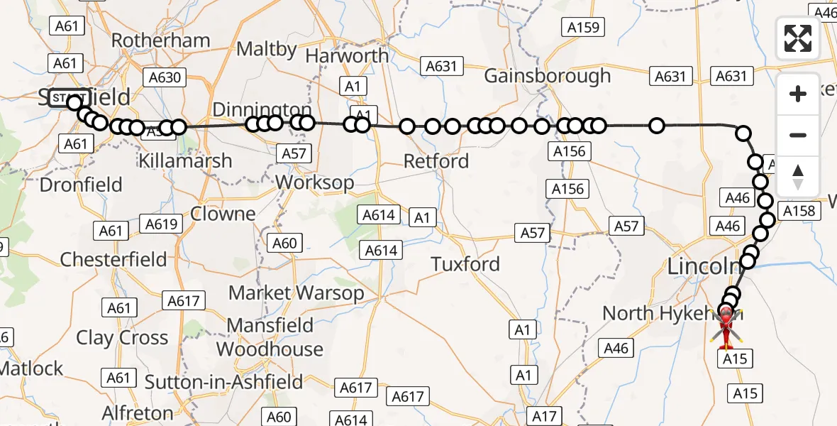 Flight route Air Ambulance Helicopter Sheffield Childrens Hospital - North Kesteven, 06 June 2026, 18:47