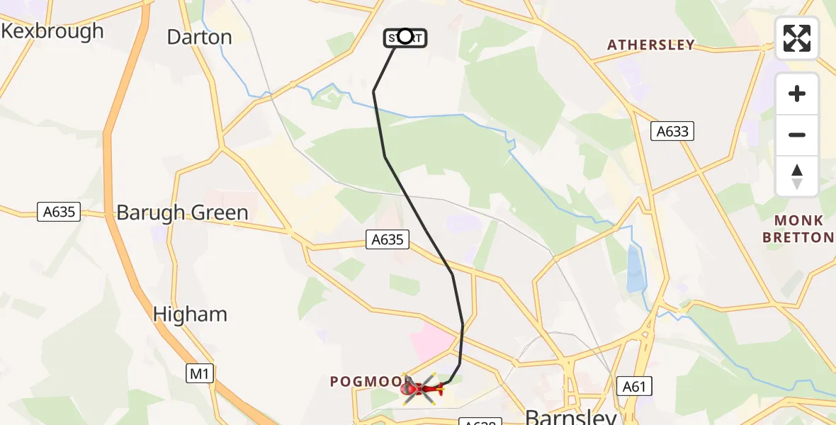 Flight route Air Ambulance Helicopter Barnsley - Barnsley, 06 June 2026, 19:00