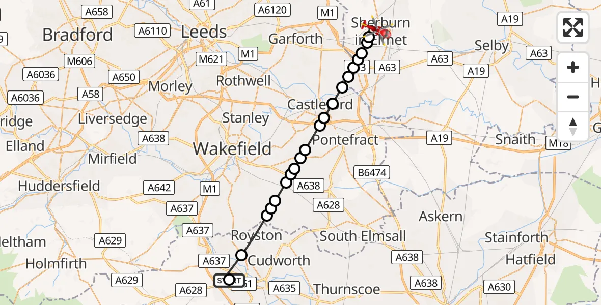 Flight route Air Ambulance Helicopter Barnsley - Sherburn in Elmet, 06 June 2026, 19:09