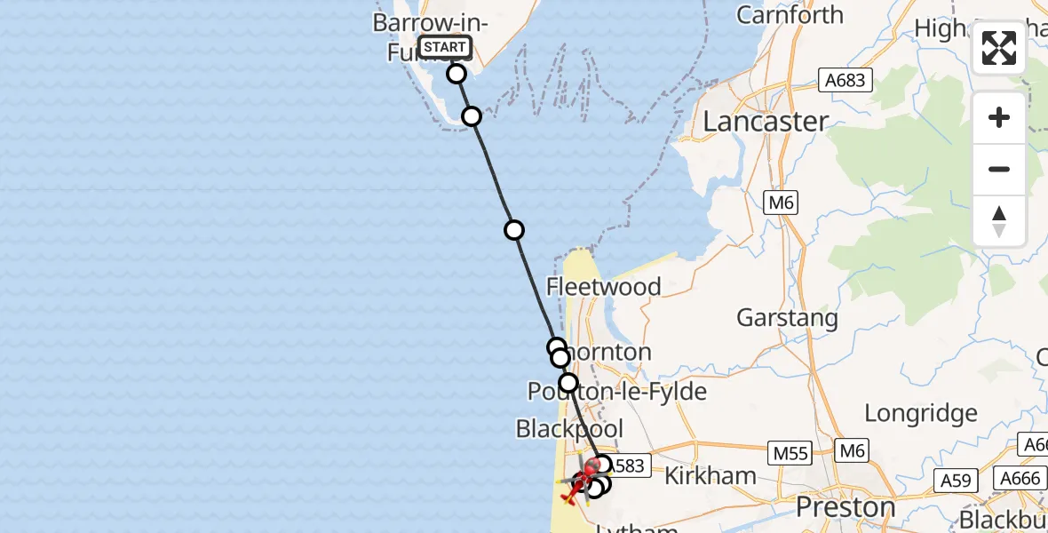 Flight route Air Ambulance Helicopter Barrow-in-Furness - Blackpool Airport, 06 June 2026, 19:11