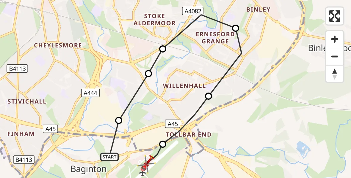 Flight route Air Ambulance Helicopter Coventry Airport - Coventry Airport, 06 June 2026, 19:14