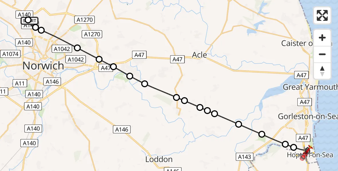 Flight route Air Ambulance Helicopter Norwich Airport - Great Yarmouth, 06 June 2026, 19:24