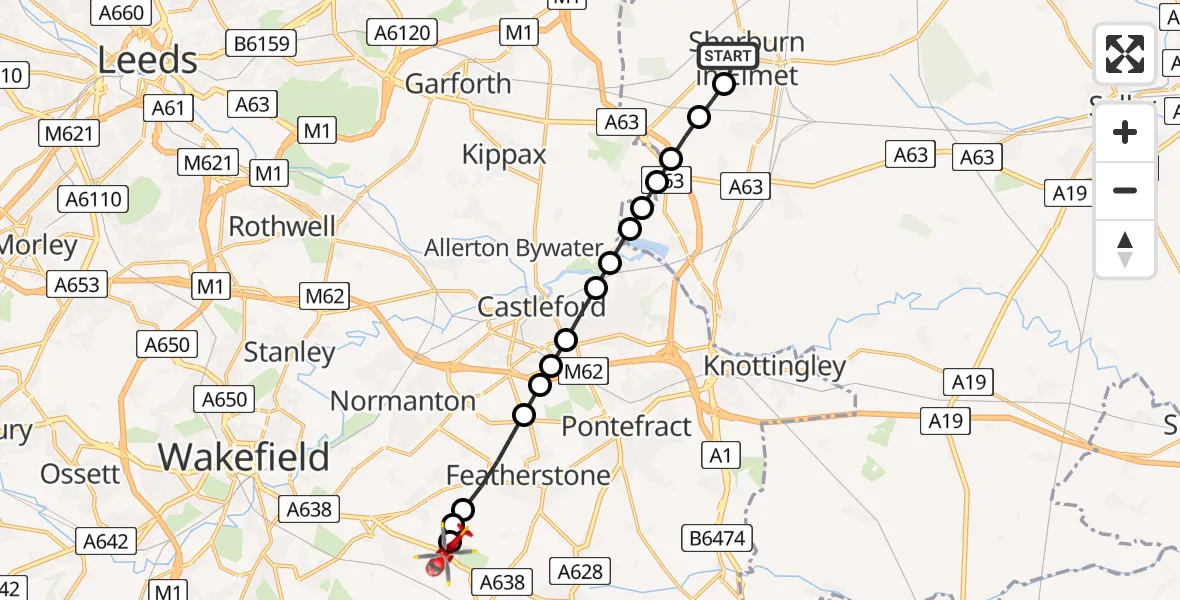 Flight route Air Ambulance Helicopter Sherburn in Elmet - YAA Nostell Helicopter Port, 06 June 2026, 19:35