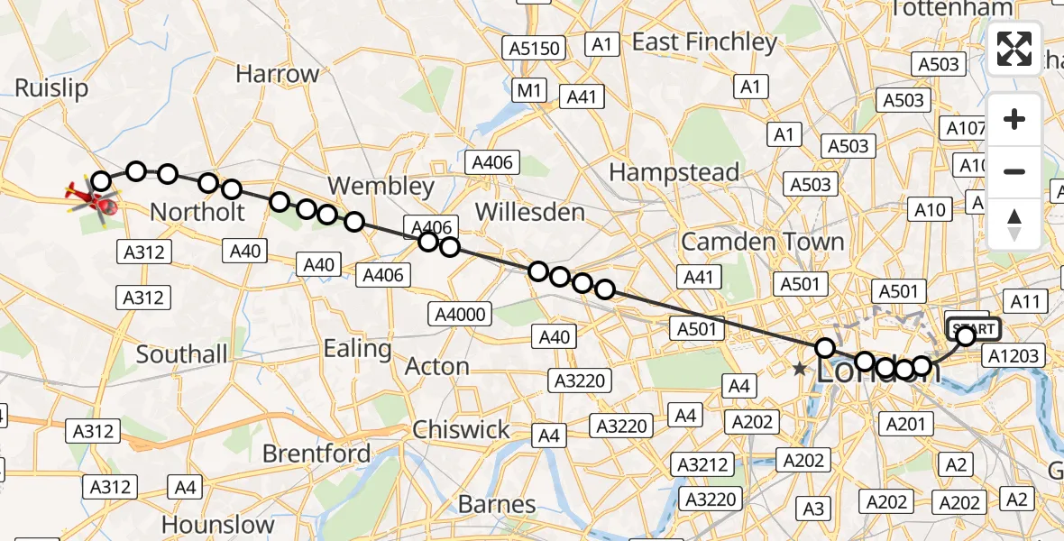 Flight route Air Ambulance Helicopter Royal London Hospital - RAF Northolt, 06 June 2026, 19:48