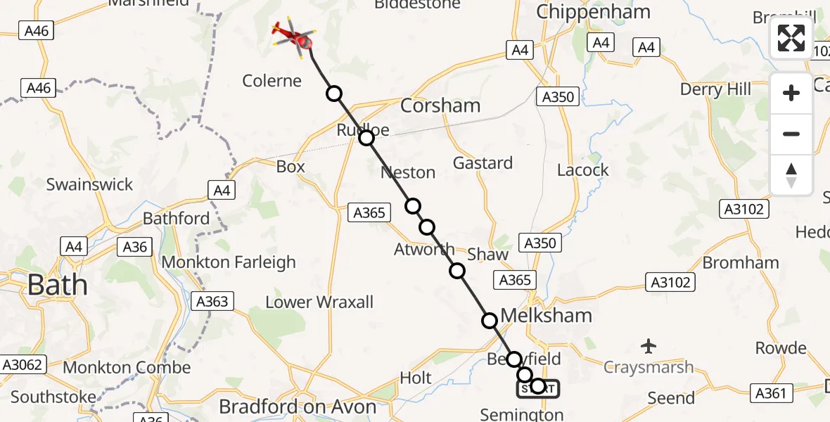 Flight route Air Ambulance Helicopter Wiltshire Air Ambulance - Colerne, 06 June 2026, 19:53