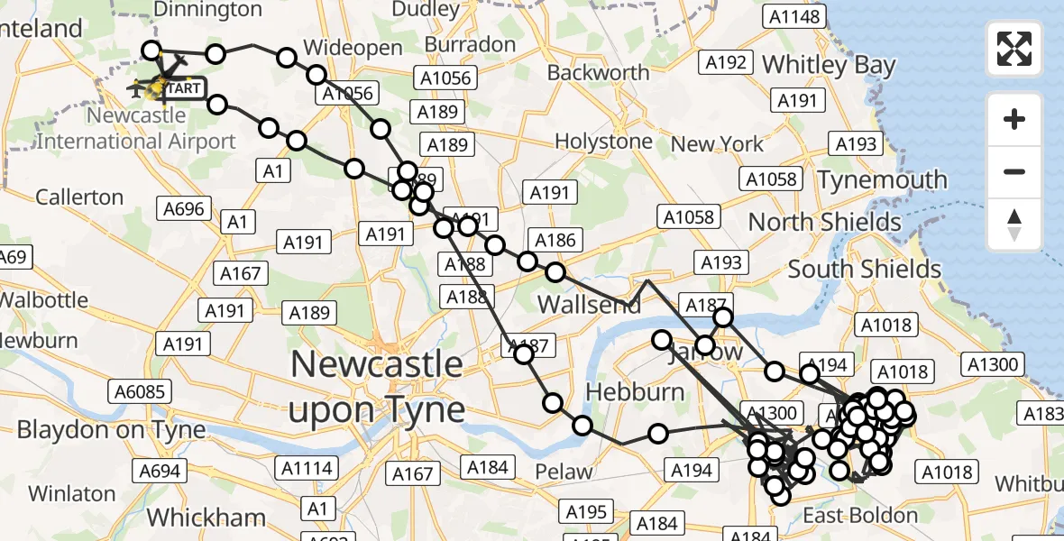 Flight route Police Helicopter Newcastle International Airport - Newcastle International Airport, 06 June 2026, 20:12