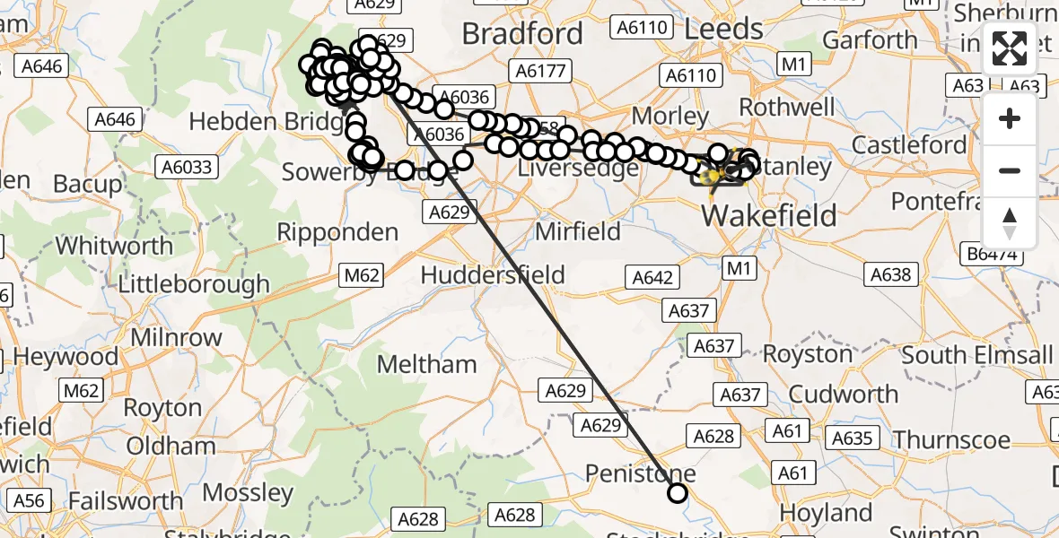 Flight route Police Helicopter East Ardsley - Brandy Carr, 06 June 2026, 20:35