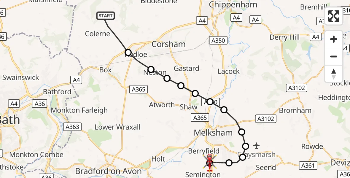 Flight route Air Ambulance Helicopter Colerne - Wiltshire Air Ambulance, 06 June 2026, 20:35