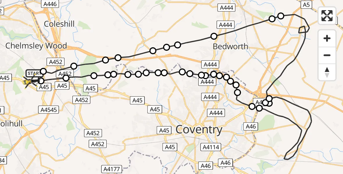 Flight route Police Helicopter Birmingham Airport - Birmingham Airport, 06 June 2026, 20:36