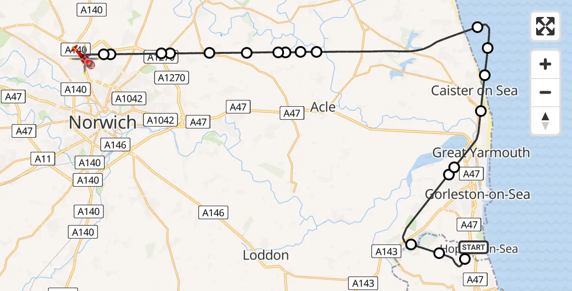 Flight route Air Ambulance Helicopter Great Yarmouth - Norwich Airport, 06 June 2026, 20:59