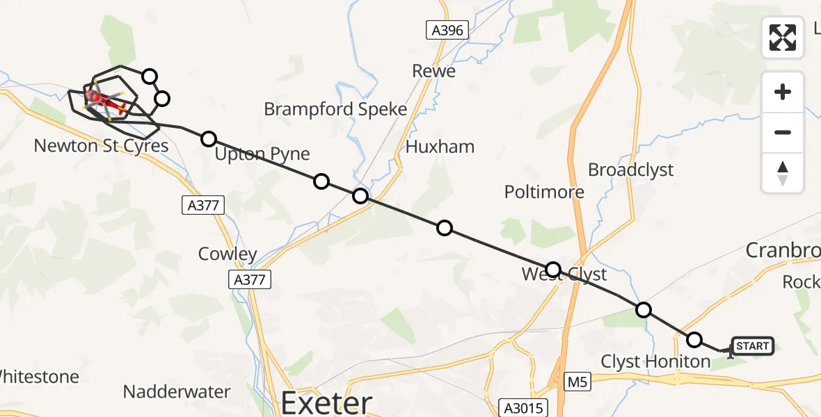 Flight route Air Ambulance Helicopter Exeter International Airport - Newton St. Cyres, 06 June 2026, 21:22