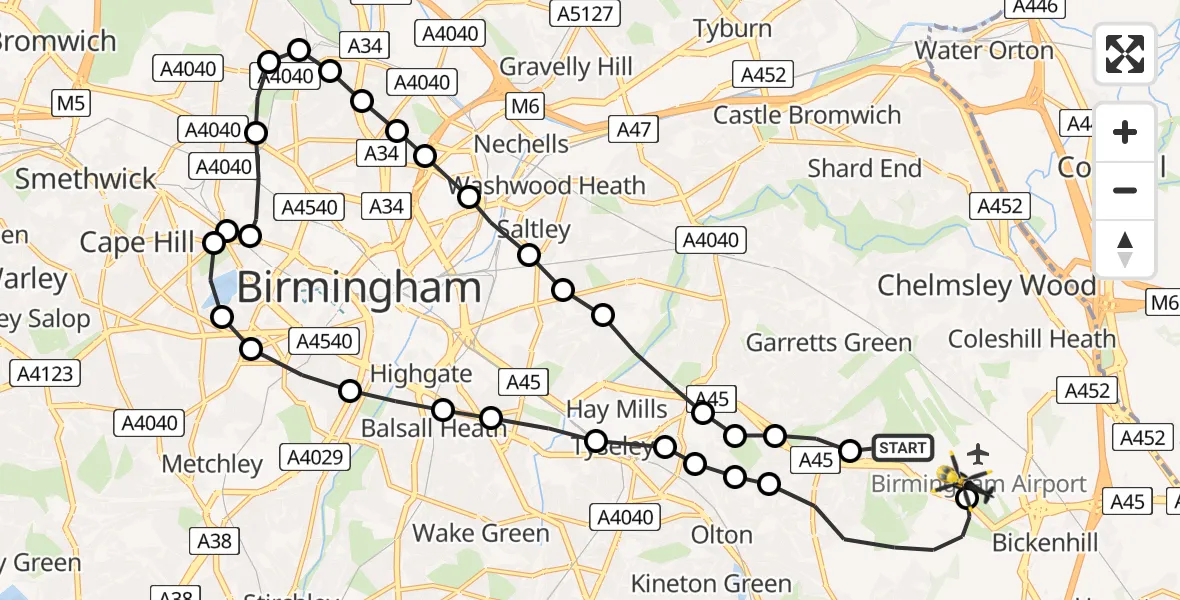 Flight route Police Helicopter Birmingham Airport - Birmingham Airport, 06 June 2026, 21:35