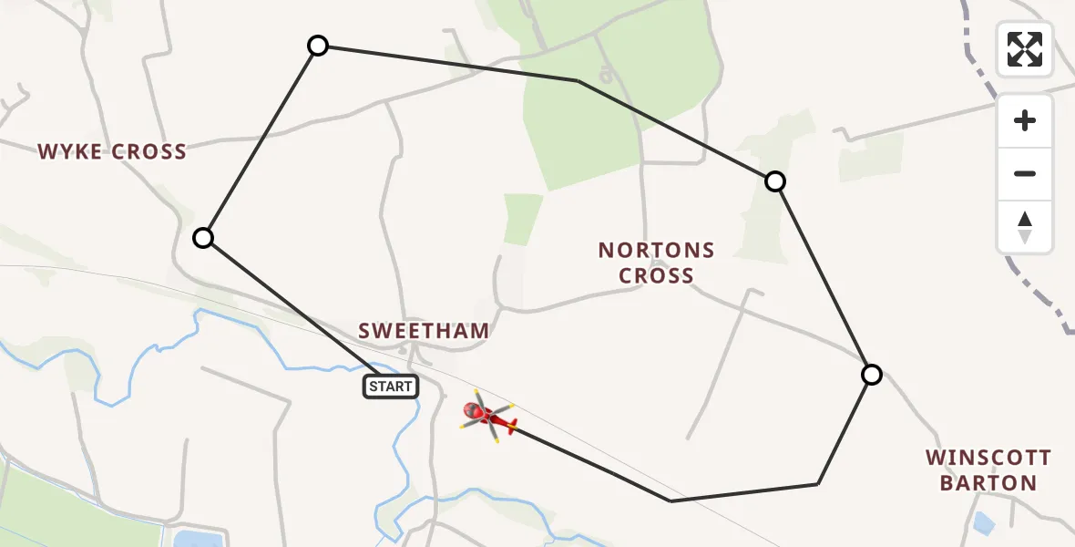 Flight route Air Ambulance Helicopter Newton St. Cyres - Newton St. Cyres, 06 June 2026, 21:35