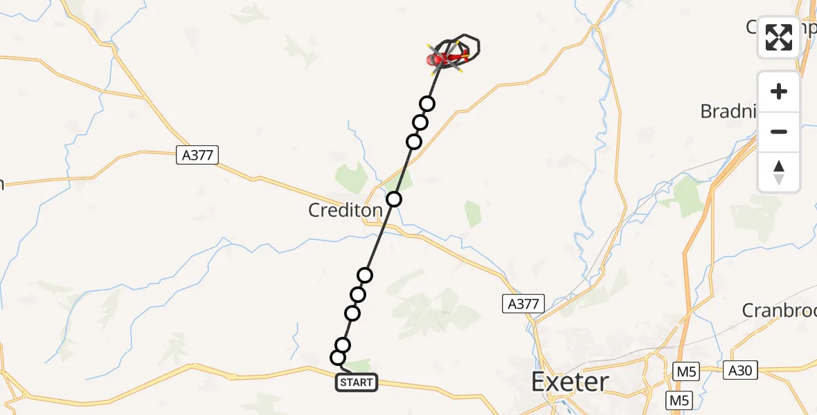 Flight route Air Ambulance Helicopter Pathfinder Village - Cheriton Fitzpaine, 06 June 2026, 21:59