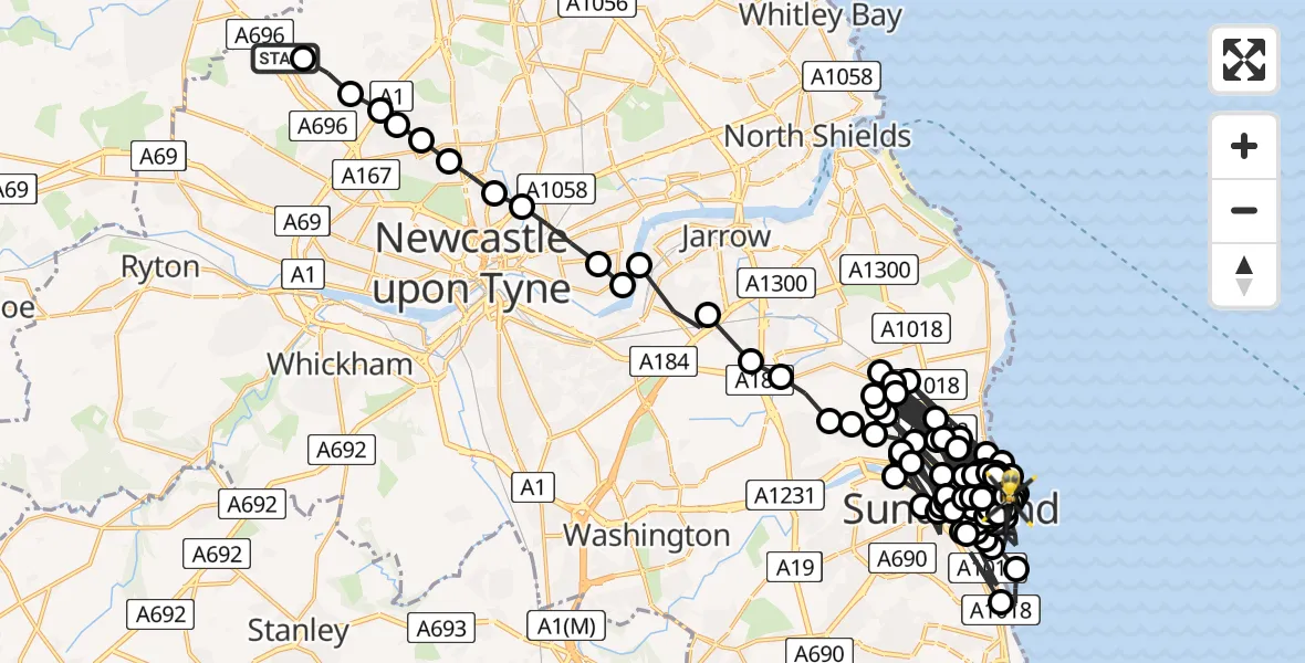 Flight route Police Helicopter Newcastle International Airport - Sunderland, 06 June 2026, 22:11