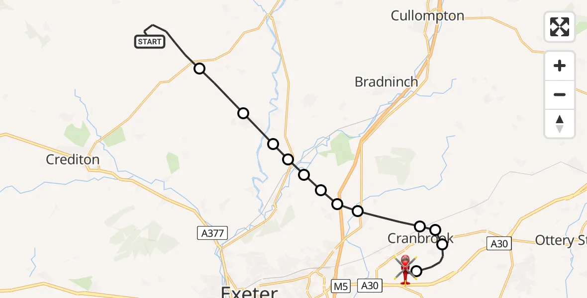 Flight route Air Ambulance Helicopter Cheriton Fitzpaine - Exeter International Airport, 06 June 2026, 22:15