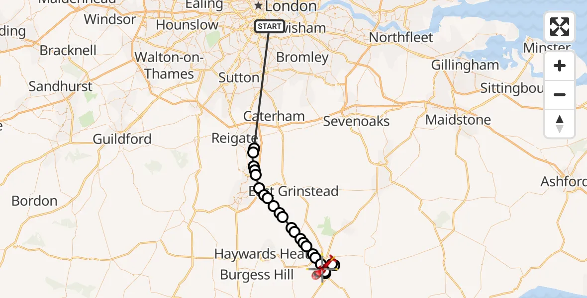 Flight route Air Ambulance Helicopter Kings College London Hospital - Uckfield, 06 June 2026, 22:35