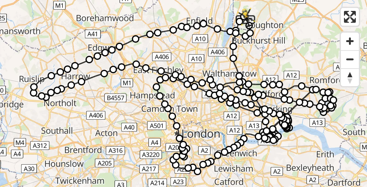 Flight route Police Helicopter Metropolitan Police Air Support Unit Lippitts Hill - Metropolitan Police Air Support Unit Lippitts Hill, 06 June 2026, 22:48