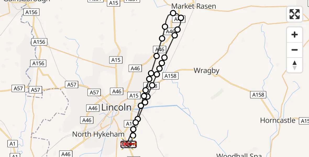 Flight route Air Ambulance Helicopter RAF Waddington - North Kesteven, 06 June 2026, 23:00