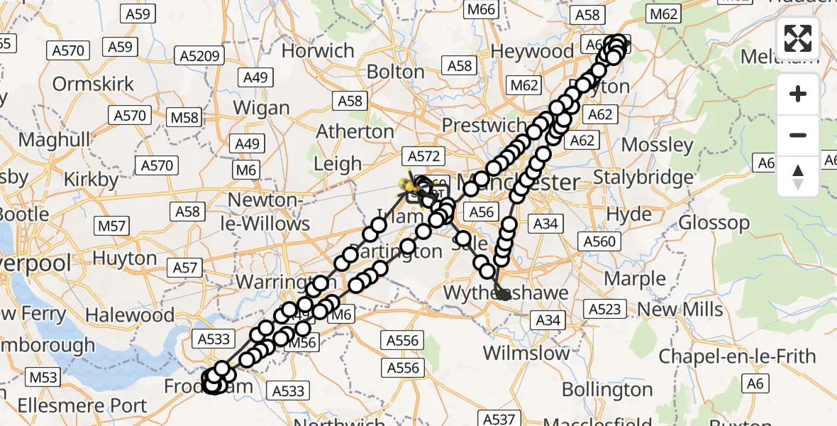 Flight route Police Helicopter Manchester Barton Aerodrome - Manchester Barton Aerodrome, 06 June 2026, 23:16