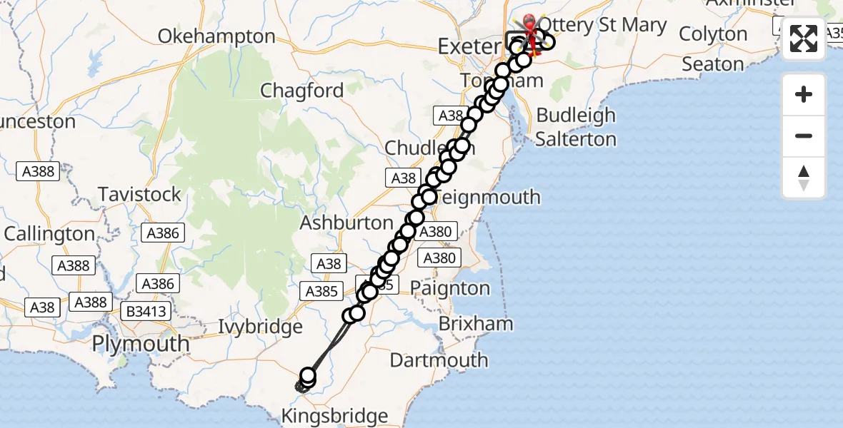 Flight route Air Ambulance Helicopter Exeter International Airport - Exeter International Airport, 06 June 2026, 23:27