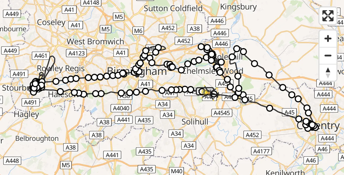 Flight route Police Helicopter Birmingham Airport - Birmingham Airport, 07 June 2026, 00:05