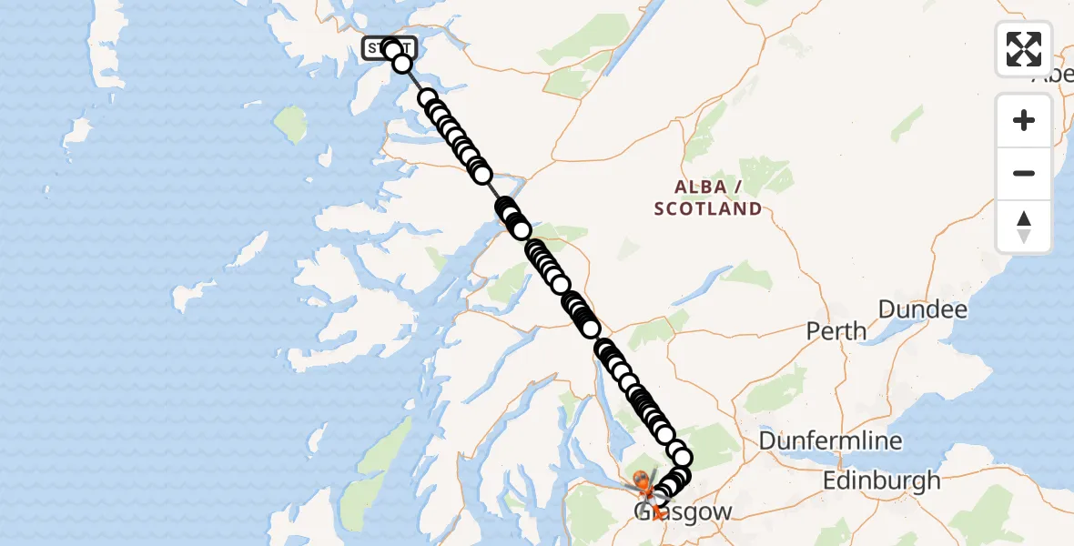 Flight route Coastguard Helicopter Breakish - Breacais - Golden Jubilee Hospital, 07 June 2026, 00:14