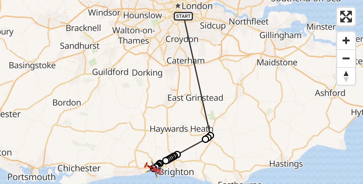 Flight route Air Ambulance Helicopter Kings College London Hospital - Brighton City Airport, 07 June 2026, 00:15