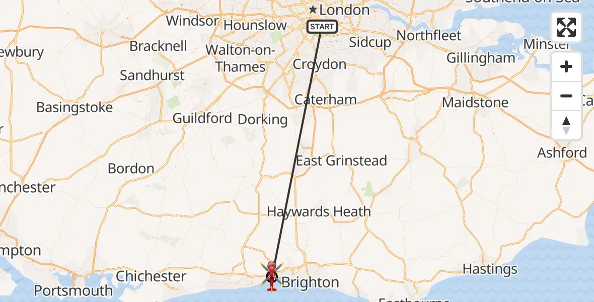 Flight route Air Ambulance Helicopter Kings College London Hospital - Brighton City Airport, 07 June 2026, 00:31