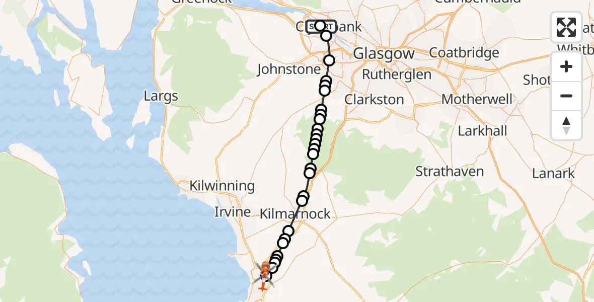 Flight route Coastguard Helicopter Golden Jubilee Hospital - Glasgow Prestwick Airport, 07 June 2026, 01:23