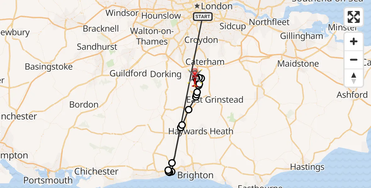 Flight route Air Ambulance Helicopter Kings College London Hospital - Redhill Aerodrome, 07 June 2026, 02:24