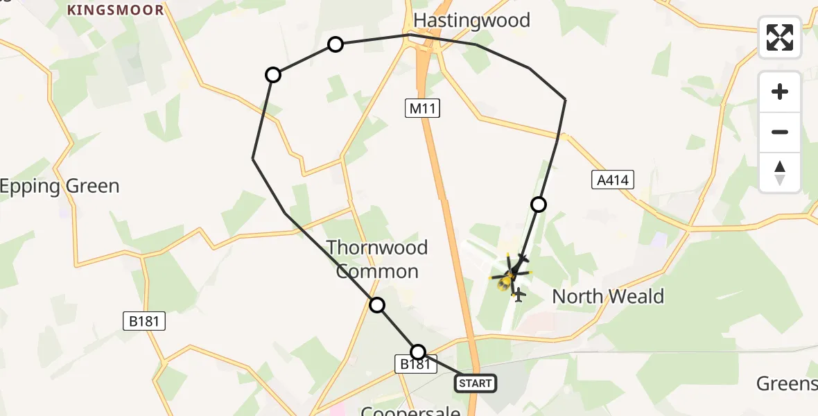 Flight route Police Helicopter Coopersale - North Weald Airfield, 07 June 2026, 05:01