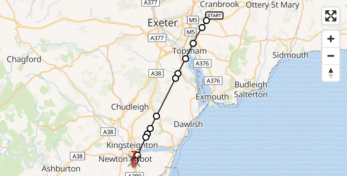 Flight route Air Ambulance Helicopter Exeter International Airport - Newton Abbot, 07 June 2026, 06:46