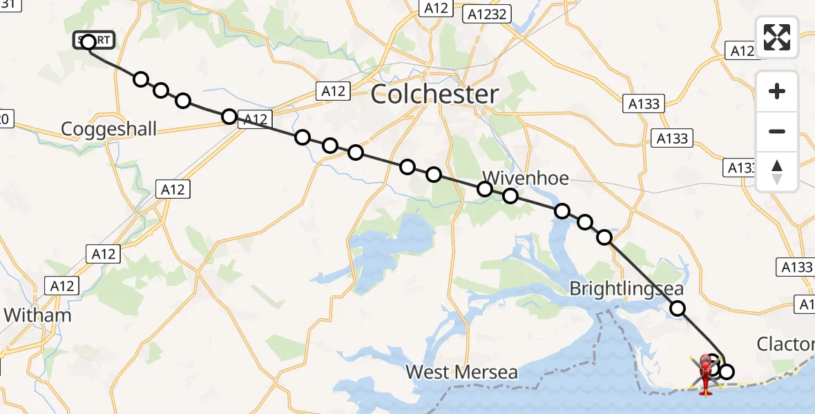 Flight route Air Ambulance Helicopter Earls Colne Airfield - Tendring, 07 June 2026, 07:00