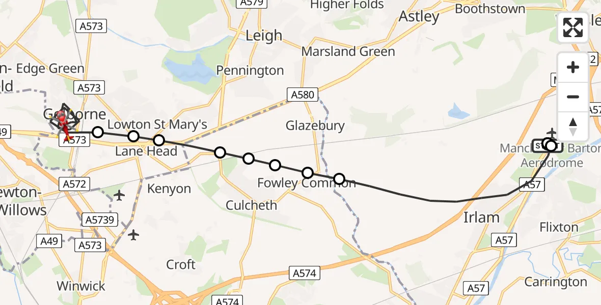 Flight route Air Ambulance Helicopter Manchester Barton Aerodrome - Golborne, 07 June 2026, 07:12