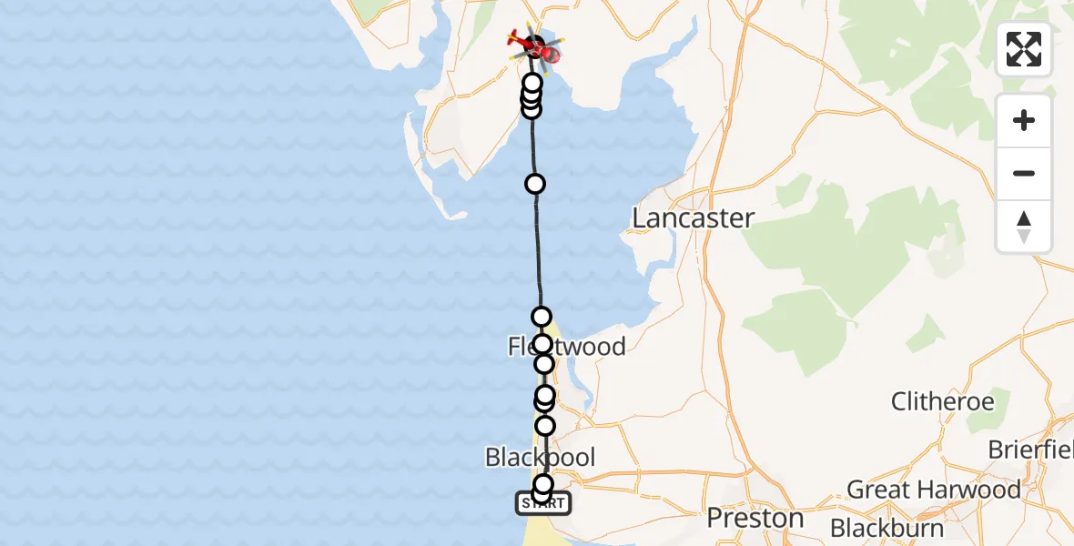 Flight route Air Ambulance Helicopter Blackpool Airport - Ulverston, 07 June 2026, 07:29